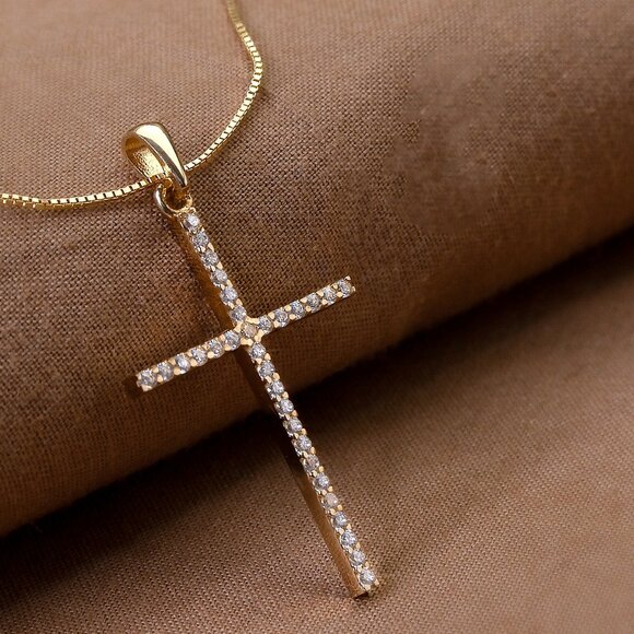 Real 10K Gold Cross Pendant Necklace with 18" Gold Box Chain Stamped 10K - Picture 1 of 7